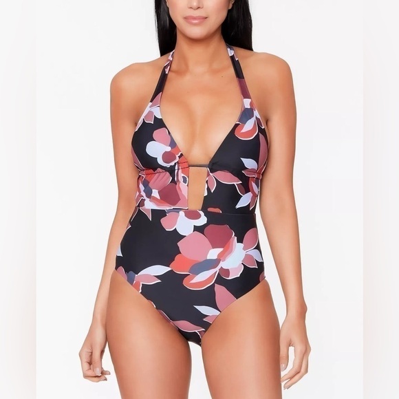 Bar III FLORAL MULTI Plunge Halter One-Piece Swimsuit, US XS New - Picture 1 of 14